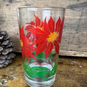 Vintage BOSCUL POINSETTIA Peanut Butter Drinking Glass~ Standard Size 5"~ Light Green Leaves Cherry Red Flowers Orange Center~ Holiday Party