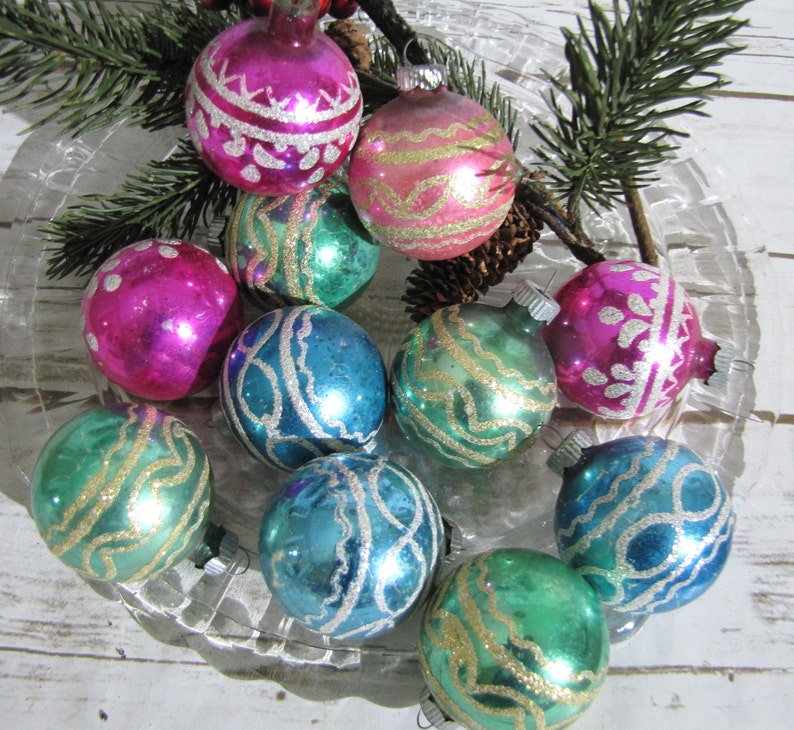 Vintage Glass Shiny Brite Glitter Ornaments Gold Silver Designs~ Pastel Blue Pink Green ~ Retro Christmas Tree Decor ~Round Ball 1950/'s