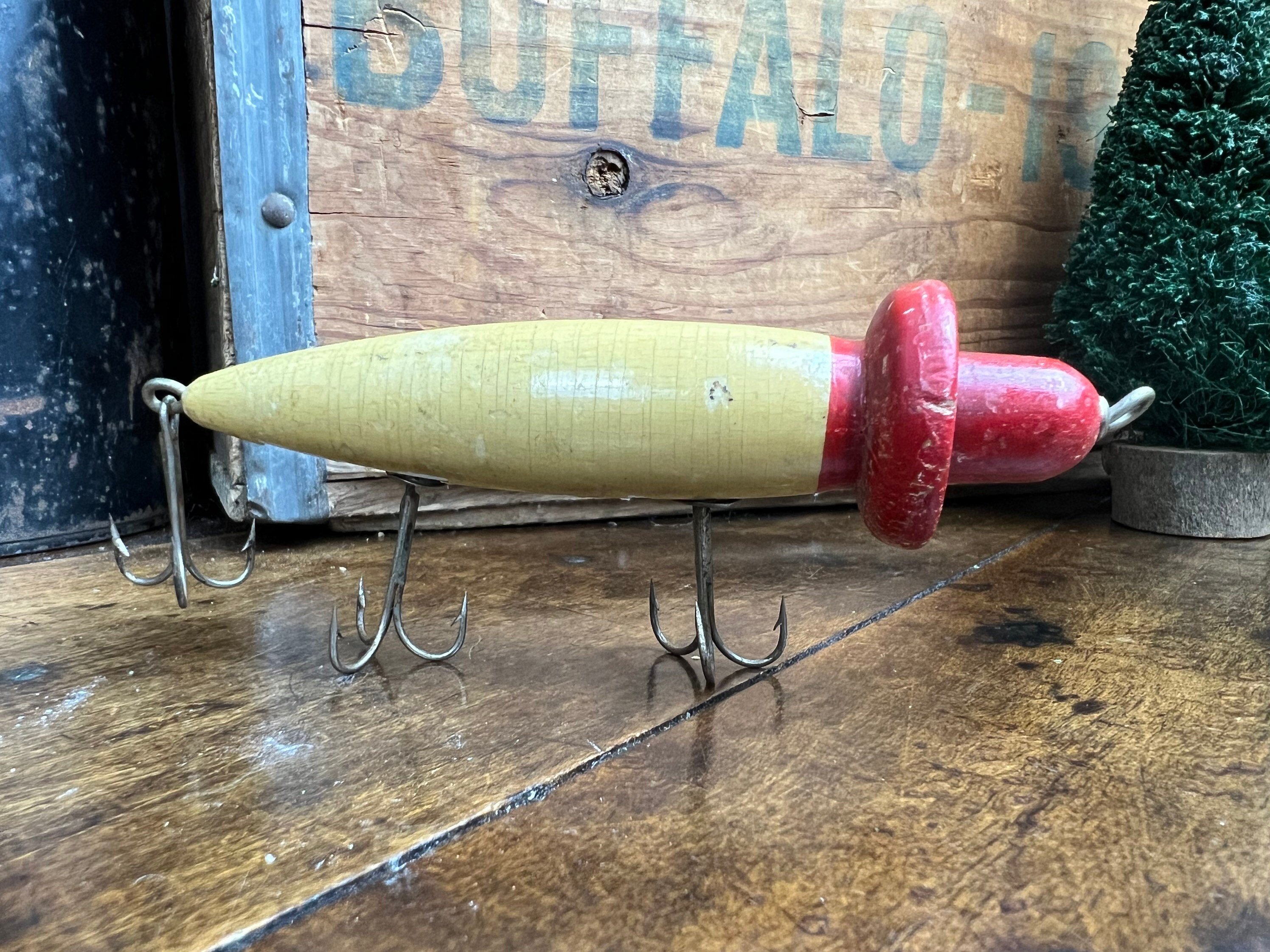 Ancien leurre de pêche en bois South Bend tête rouge/blanc