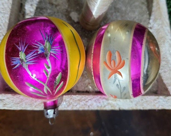 Vintage POLAND Glass Christmas Ornaments set of TWO Small Round Pink