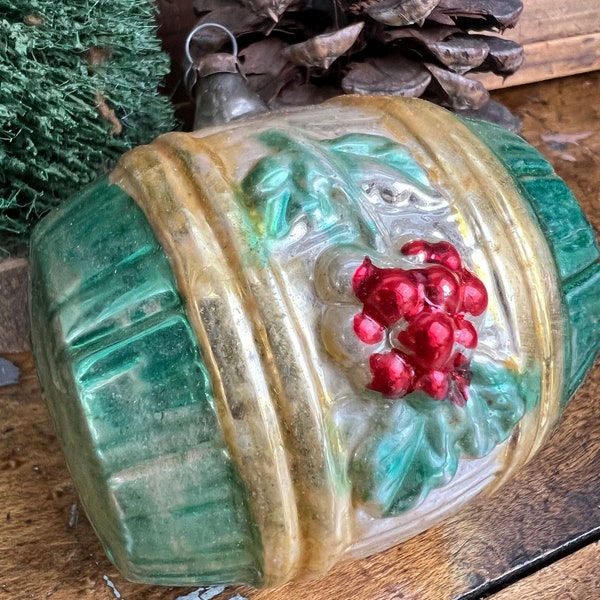 Vintage Figural Barrel Christmas Ornament| Cherry Floral with Green and Gold Accents| Aluminum Retro Christmas Tree| Winter Wedding Decor