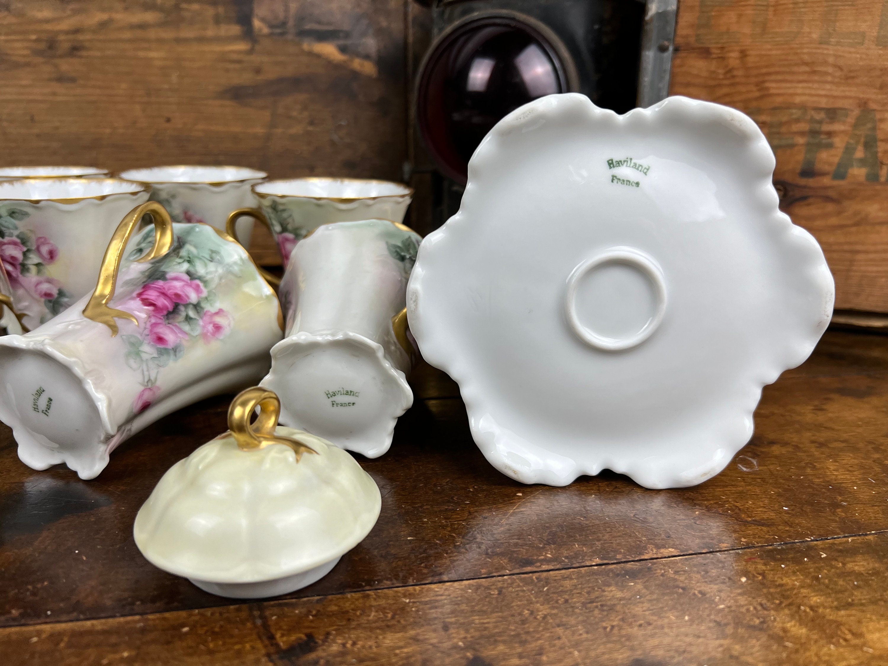 Haviland Limoges France Chocolate Pot Set Pink Cabbage Roses