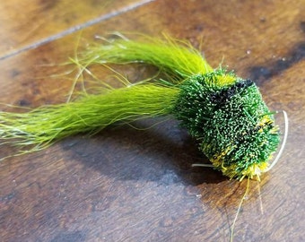 Vintage GREEN HAIR Frog or Mouse Bass Fly Rod Fishing Lure ~Tackle Bait ~ Black Striped Bright Green ~Outdoors Fisherman Gift Unknown Maker