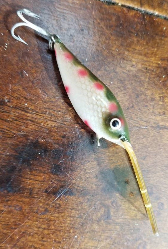Vintage SOUTH BEND Rock Hopper Fly Rod Fishing Lure tackle Bait green W  Spots Pink/ Red W Original Box & Paper Outdoors Fisherman Gift 