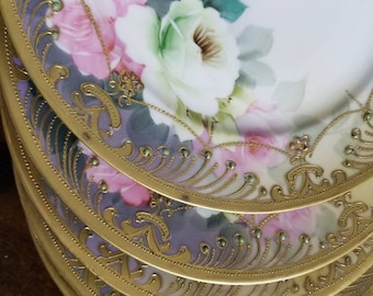 Antique NIPPON Morimura Brothers Hand Painted Pink Roses Floral SIX Cake Plates~Gold Encrusted Jeweled Jade Coral Moriage~Winter Wedding