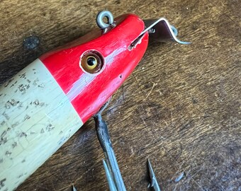 Vintage CREEK CHUB Pikie Minnow Fishing Lure| 702 ???| 4 1/4 Wood Fishing  Tackle Bait |Glass Eye Lure|Gift for Dad| Red Head White Body