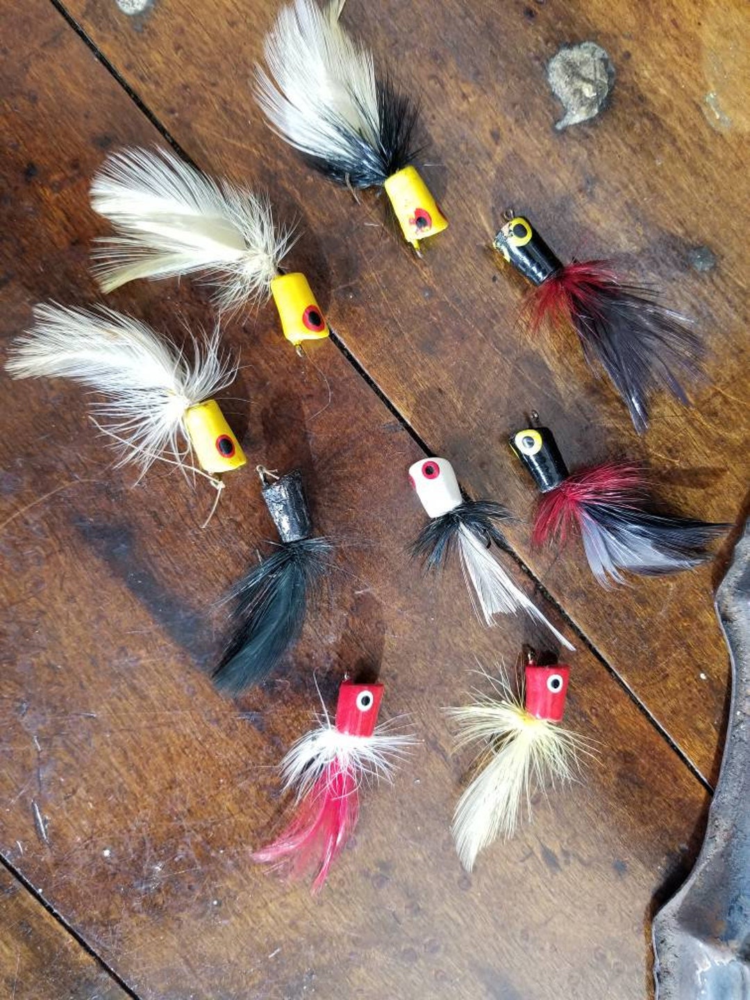 Vintage Feather Poppers Bass Fly Rod Fishing Luretackle Bait Nine Total  Poppers With Feathersred Yellow Black White Unknown Maker 