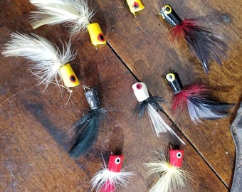 Vintage Feather Poppers Bass Fly Rod Fishing Lure~Tackle Bait~ Nine Total Poppers with Feathers~Red Yellow Black White~ Unknown Maker ~