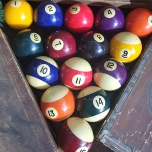 Vintage Billiard Pool Balls~A Retro Complete Set w White Cue Ball~Black Numbers Solids and Stripes~Mancave Gift Rustic Decor~Solids 1960&#39;s