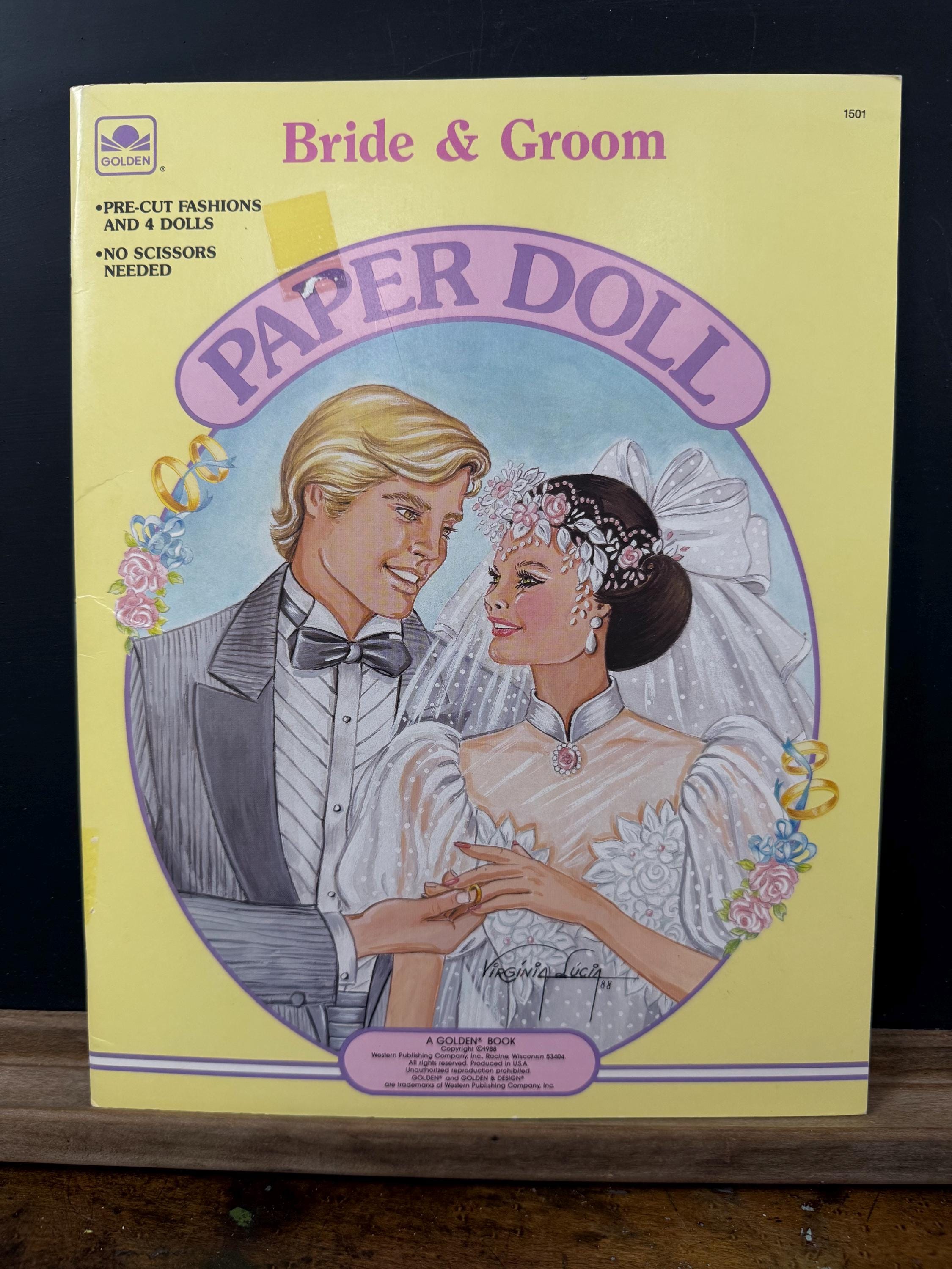 Vintage Paper Doll Book, Uncut Bride & Groom Paper Dolls Complete Cut Outs, Collage Ephemera, Junk Journal Supplies, Children's Book Pages