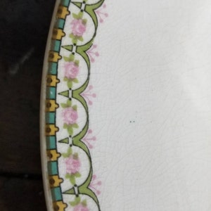 May include: Close-up of the edge of a white ceramic plate with a decorative border. The border features a repeating pattern of pink flowers, green leaves, and gold and blue accents.