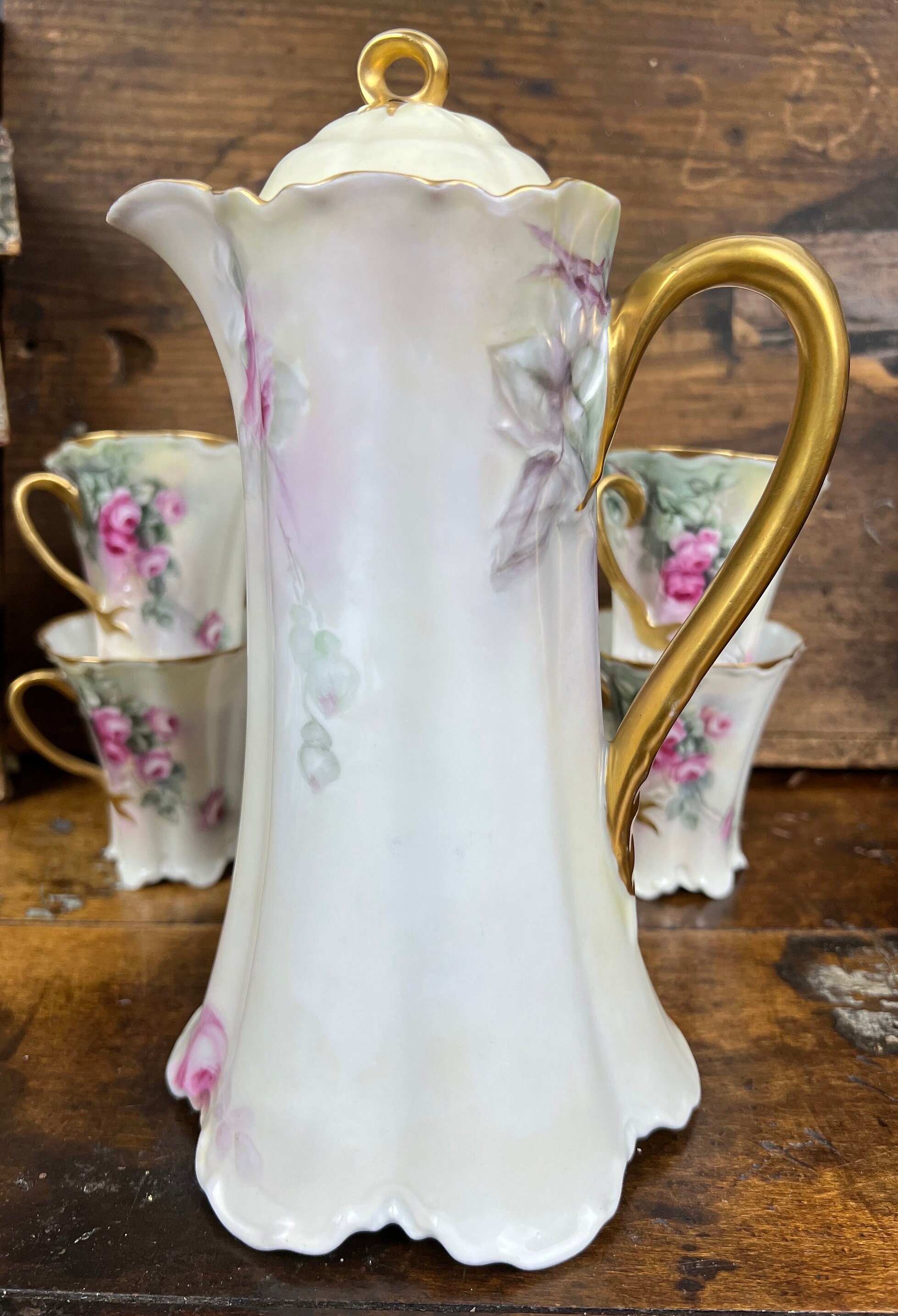 Haviland Limoges France Chocolate Pot Set Pink Cabbage Roses