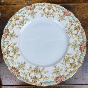 Antique UPPER HANLEY Kings Border Porcelain Lunch Plates~Four~ Pink Blue Brown Floral Gold Rim~Victorian Wedding Decor~ Bridal Shower Gift~