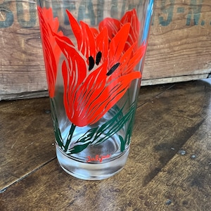 Vintage BOSCUL Tulips Peanut Butter Drinking Glass~ Standard Size 5"~ Red Flowers with Black Center Green Leaves ~Spring Wedding Shower Gift