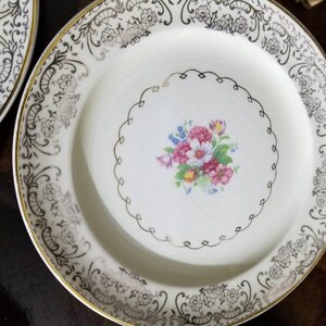 Vintage PADEN CITY POTTERY Bread n Butter Plates Set of Twelve ~ Floral Center Gold Filigree~Pink White & Blue Blossoms Porcelain~ Pcp 162
