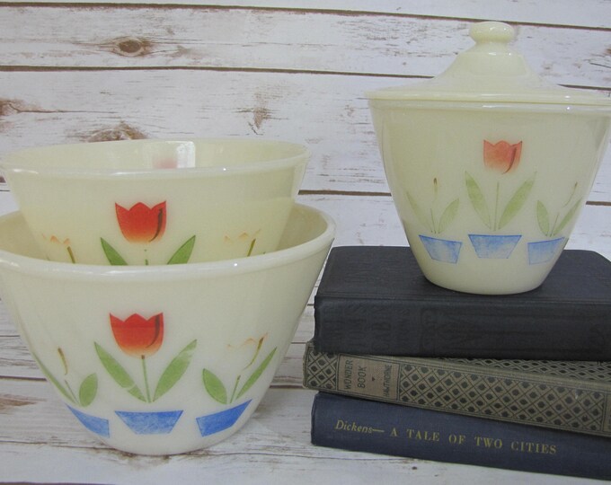 Fire King Tulip Bowl Set Lidded Red Tulip Grease Jar Tulip Mixing Bowls