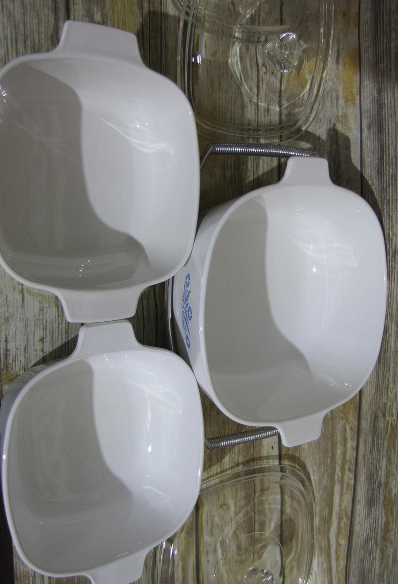 Vintage CORNINGWARE Blue Cornflower~THREE Casserole Dishes~w Glass Lids~Handle~TrivetCradle~Fireking Small Bowl Floral Pan Winter Wedding