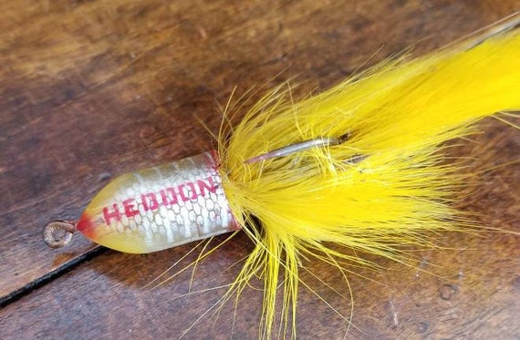 Vintage HEDDON Yellow Wilder-dilg Spook Bass Fly Rod Fishing Lure tackle  Baitblack Eyes Striped outdoors Rustic Fisherman Gift 