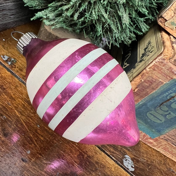 Vintage SHINY BRITE Christmas Tree Ornament Atomic Teardrop Shape ~ Purple or Magenta Color with Stripes~ Retro Sparkle Winter Wedding Decor
