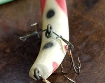 Vintage HELIN FLATFISH X4 White Black Stripe Red Black Spots Expert Junior Fishing Lure w Original Box Paperwork~Tackle Bait~ Fisherman Gift