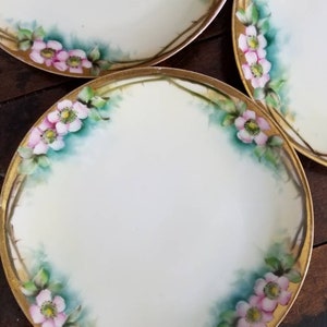 Vintage THOMAS Bavaria Hand Painted Porcelain Cake Plates Set of FOUR PinkAppleBlossoms Gold Accent~SoftYellow Teal Blue Artist M.C. Edwards
