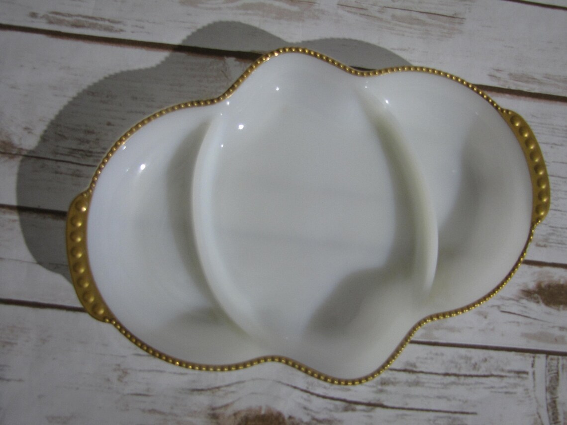 Milk Glass With Gold Beaded Trim Divided Relish Tray Anchor Etsy