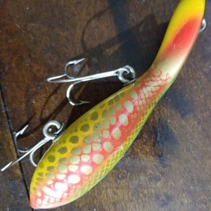 Vintage Wooden Plug Fishing Lure~ Rush Tango Wood Lure ~ Victory Finish ~ with Two Hooks  ~ Rustic Hunting Outdoors Christmas Fisherman Gift
