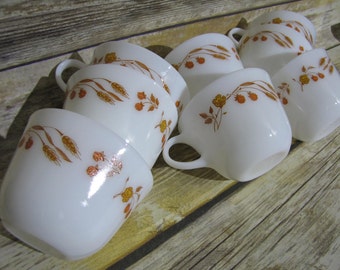 Vintage PYREX Harvest Home Coffee Cups Set of  EIGHT~ Autumn Wheat Harvest ~ Rustic Earth Tone~ Berry Floral Country Farmhouse Fall Wedding