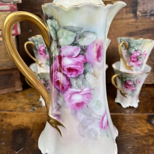 Haviland Limoges France Chocolate Pot Set Pink Cabbage Roses|Porcelain Coffee Tea Pot Six Demitasse Cups Antique Green Floral Gold|Victorian