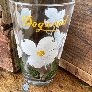 Vintage BOSCUL JUICE Dogwood Peanut Butter Drinking Glass~ Size 3 3/4" White Flowers with Yellow Dots Yellow Name~Spring Wedding Shower Gift