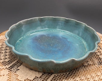 Wood-fired Pottery Wheel-thrown Handmade Turquoise Green Pie Plate Quiche Dish