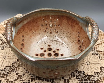 Handmade Berry Bowl, Ceramic Strainer, Colander with Handles, Berry Bowl w/Handles, Rustic Berry Bowl, Wood-Fired Pottery