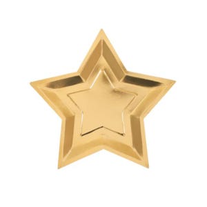 May include: A gold star-shaped plate with a layered design. The plate has a shiny, metallic finish and is set against a white background. This decorative plate is suitable for parties and celebrations.