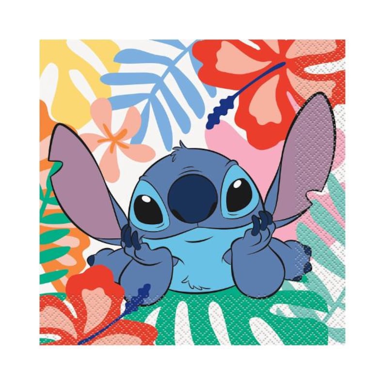 May include: A square paper napkin featuring a cartoon illustration of Stitch from Lilo & Stitch. The blue character is surrounded by colorful tropical flowers and leaves in shades of red, pink, yellow, and green.
