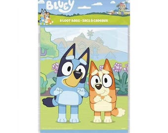 Bolsas de plástico para regalos de Bluey - 8 unidades / Fiesta de cumpleaños de Bluey / Decoración para fiestas de Bluey / Bolsas de regalos de Bluey / Recuerdos de fiesta / Bolsas de regalos de Bluey / Vajilla