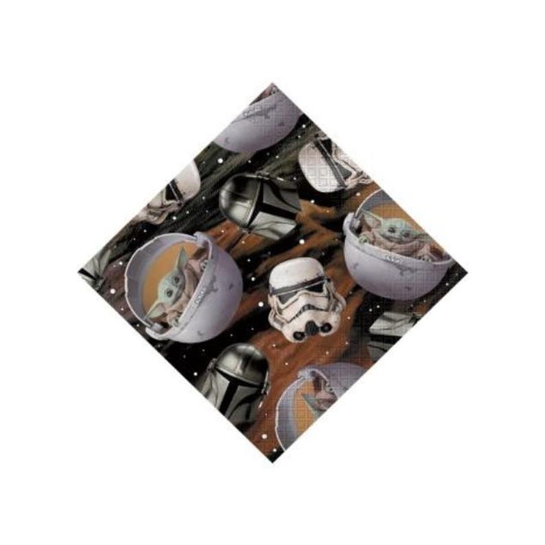 May include: A diamond-shaped pattern featuring Star Wars characters. The design includes images of Baby Yoda in a pod, Stormtrooper helmets, and Mandalorian helmets, set against a brown and black background.