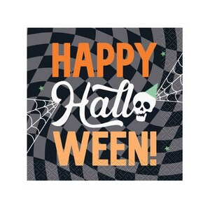 May include: Square Halloween-themed paper napkin with a checkered black and gray background. The words "HAPPY Halloween!" are written in orange and white. A skull wearing a party hat and spiderwebs are also featured.