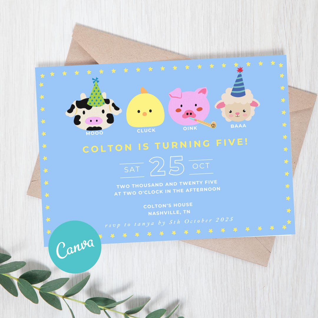 Farm Animal Birthday Invitation | Barnyard Party | Editable Template ...