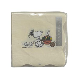 May include: A package of cream-colored paper napkins featuring a cartoon of Snoopy pushing a wheelbarrow filled with Easter eggs. Two rabbits are running in front of Snoopy. The word "GRAPHIQUE" is printed on the side.