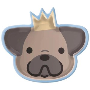 May include: A blue and brown cartoon pug wearing a gold crown on a paper plate.