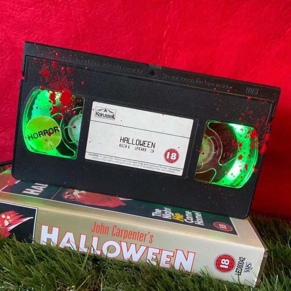 Retro VHS Lamp Halloween Original Horror Night Light Table Lamp. Order any movie! Man Cave Awesome Father’s Day Gift!