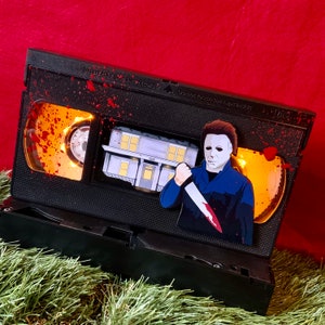 Retro VHS Lamp Halloween inspired with Michael Myers and Blood Splatter Night Light Table Horror Lamp. Man Cave. Awesome Father’s Day Gift.