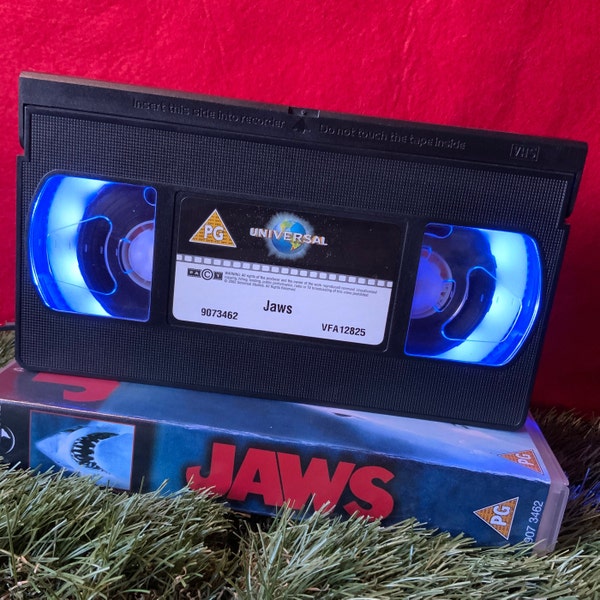 Retro VHS Lamp Jaws Original with Case Night Light Table Lamp, Horror Movie. Order any movie! Man Cave. Father’s Day Gift