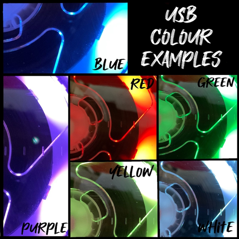 May include: A close-up of a USB-powered light that can be changed to different colors. The light is shown in blue, red, green, yellow, purple, and white.