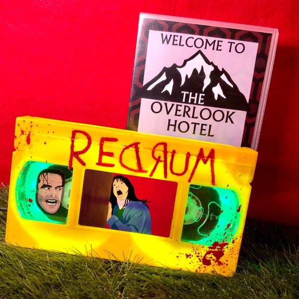 Retro VHS Lamp The Shining inspired Red Rum Design Horror 80s Movie including The Overlook Hotel Case Night Light Table Lamp. Great Gift.