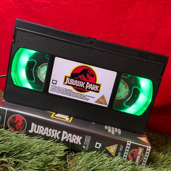 Retro VHS Lamp Jurassic Park Original VHS Night Light 90s Table Lamp. Order any movie! Man Cave. Great Father’s Day Gift.
