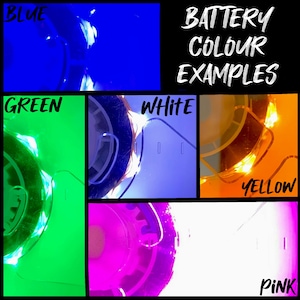 May include: Battery color examples showing different colors of LED lights. The colors shown are blue, green, white, yellow, and pink.