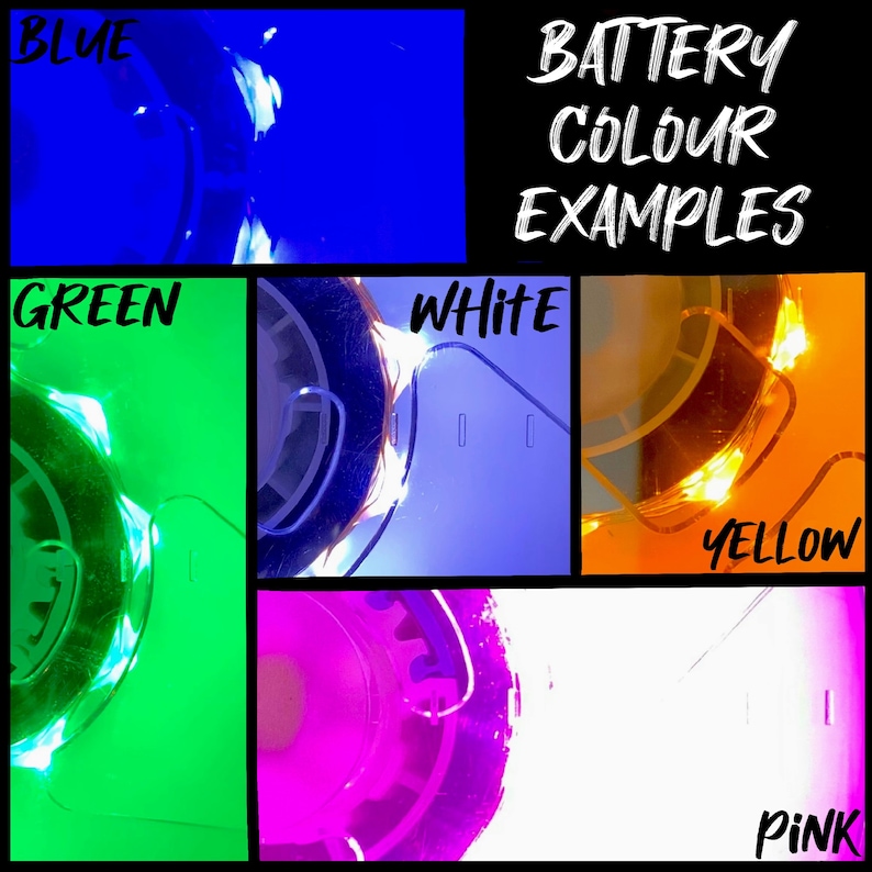 May include: Battery color examples showing different colors of LED lights. The colors shown are blue, green, white, yellow, and pink.