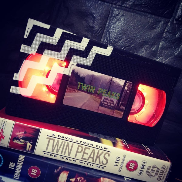 Retro VHS Lamp Twin Peaks with Chevron Design Art Night Light Table Lamp. Horror 90s TV. Order any Movie! Man Cave. Mothers Day gift .