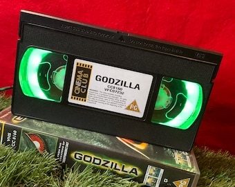 Retro VHS Godzilla Original with Case Horror 80s Night Light Table Lamp. Order any movie! Mancave, Bedroom. Awesome Father’s Day Gift